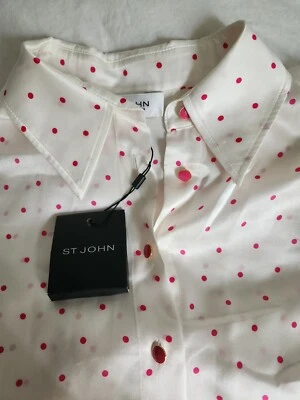 Blusa de seda St. John talla pequeña NUEVA venta al por menor $780 rosa lunares Barbie Foto 1 de 4