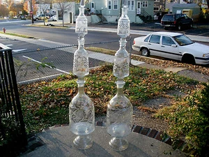 XXXRARE MATCHED PAIR ETCHED GLASS 4 PC APOTHECARY PHARMACY STACKING SHOW GLOBES  - Picture 1 of 12