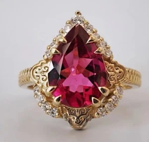 18K VERGOLDETER RING MIT RUBIN ROT VERZIERT ANTIK HERZ MITTELSTEIN GR 62 U - Bild 1 von 3