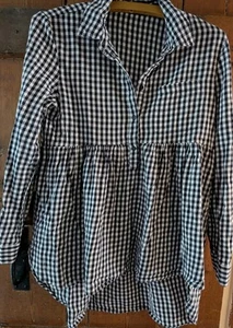 Zara Shirt Blouse Top Black White Gingham Check Peplum Smock Top 12/14 - Picture 1 of 3