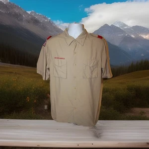 Boy Scouts Of American Mens M Short Sleeve Uniform Button Shirt Nylon Tan - Picture 1 of 8