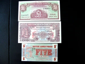 BRITISH ARMED FORCES SPECIAL VOULCHER  5 NEW PENCE, 1 POUND,  2,4,6 SERIES UNC - Picture 1 of 2