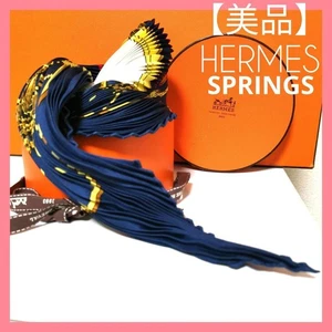 HERMES 100 Percent Silk Navy Springs Pleated Scarf Shawl 52.4 Inch Length - Picture 1 of 5