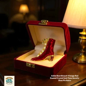 Ankle Boot Brooch Vintage Red Enamel Crystal Gold Tone Novelty Shoe Pin Retro - Picture 1 of 14