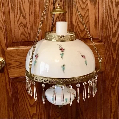 Lámpara colgante de techo vintage Hurricane pintada a mano flores azules y rosas Foto 1 de 4