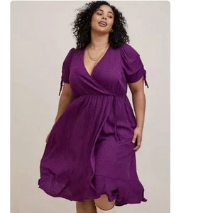 NWT Torrid Purple Swiss Clip Dot Surplice Faux Wrap Midi Dress Size 1X - Picture 1 of 11