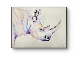Original signed watercolour art painting by Elle Smith Of A Rhino. Animal Art - Picture 1 of 8