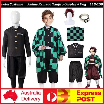 Kids Demon Slayer Kamado Tanjiro Costume Cosplay Wig Kimono Outfits Christmas - Изображение 1 из 4