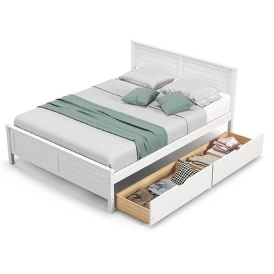 Full Size White Platform Bed Frame with 2 Storage Drawers Foto 1 de 3