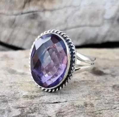 Amethyst Stone Ring Solid 925 Silver Handmade Anniversary Ring All Size R112 - Image 1 of 4