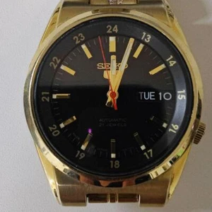 Seiko SNK576J1 SEIKO 5 Automatic Watch Black Dial Gold Case Overhauled Japan - Picture 1 of 7