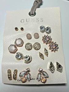 New GUESS Earring Set 12 Pairs Stud & Drop Leather Card Genuine Cubic Zirconia - Picture 1 of 5