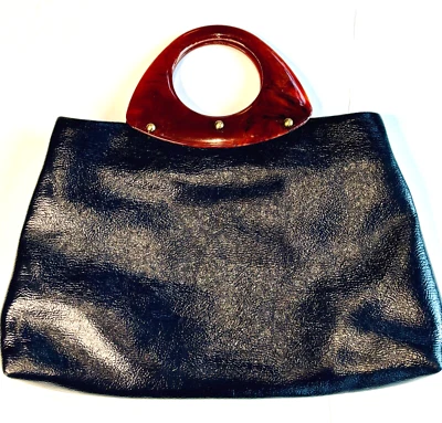VTG 60'S-70'S NICE*MOD VINYL DARKEST BLUE &TORTOISE LUCITE HANDLE BAG TOTE PURSE - Image 1 of 4