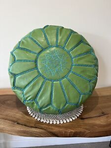 MOROCCAN HANDMADE LEATHER POUFFE - GREEN & TURQUOISE