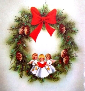 Christmas Greeting Card Glitter Angels Singing Wreath Unused Mid Century Mod - Picture 1 of 5