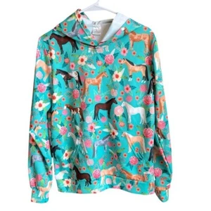HORSE HOODIE Fun Youth Size Large Green with Multi Colored Horses Long Sleeve - Picture 1 of 6