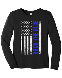 Back the Blue American Flag Youth Long Sleeve T-Shirt Blue Line Police - Picture 1 of 3
