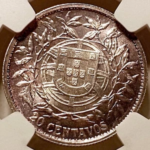 NGC MS62 - Portugal 20 Centavos 1916 Münze (SILBER! Schön getönt!) - Bild 1 von 4