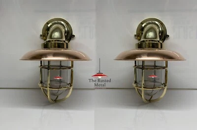 Outdoor Brass Wall Light with Copper Shade - Nautical Bulkhead Sconce Fixture - Image 1 of 4