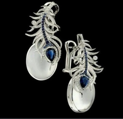 Vintage Phoenix Moonstone Opal Fine Earrings With Beautiful Sapphire & White CZ - Image 1 of 4