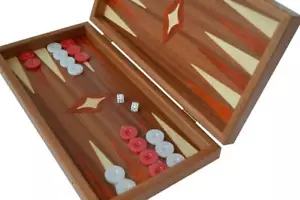Traditional Mahogany wood 15" Handmade Backgammon Set - Red White Checkers - Picture 1 of 3