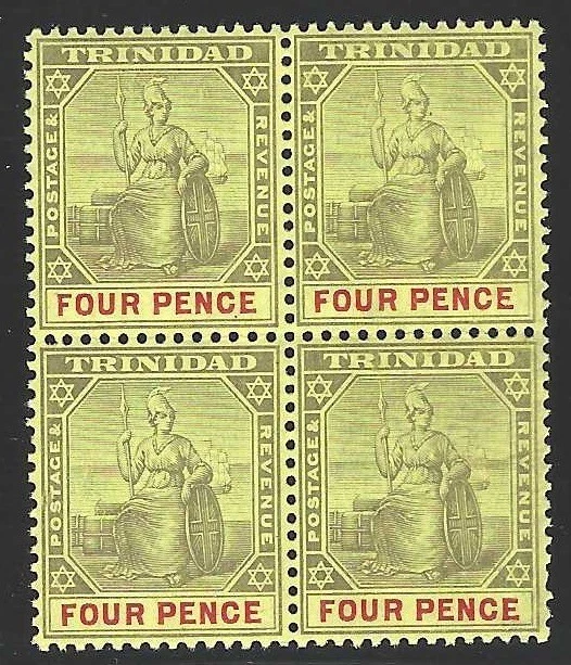 Trinidad, 1906, Scott #95, 4p negro y carmín sobre amarillo, bloque de 4, como nuevo, nuevo Foto 1 de 1