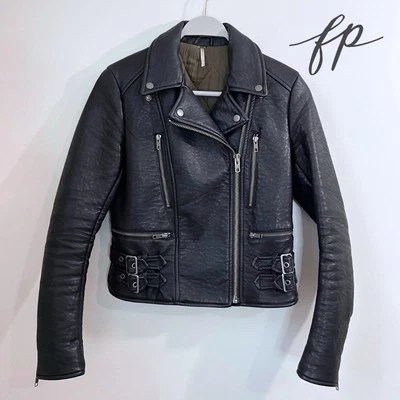 Free People Soho Vegan Leather Moto Jacket 4 Black $299 EUC Padded - Image 1 of 4