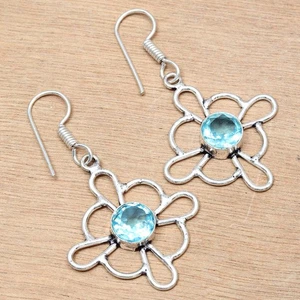 Swiss Blue Quartz Gemstone Gift For Her Silver Jewelry Earrings 1.5'' - Picture 1 of 7