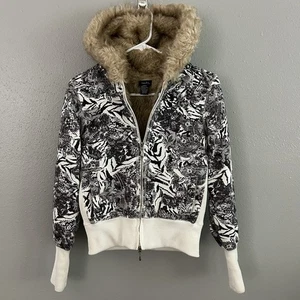 Vintage Y2K Rue21 Faux Fur Lined Full Zip Hoodie Size S Mixed Print Brown Cream - Bild 1 von 11