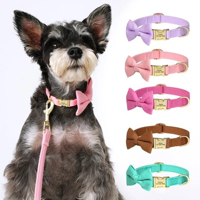 Personalized Dog Collar with Cute Bow tie Custom Name Engraved Gold Buckle 2XS-S - Image 1 of 4