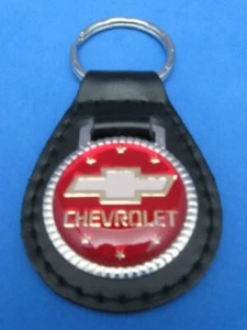 CHEVROLET BOW-TIE BOWTIE BLACK LEATHER KEYRING KEYFOB #270 RED ON GOLD - Picture 1 of 3