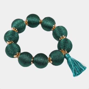 Women's Stretchable Teal Thread Balls Bracelet With Tassel - Picture 1 of 1