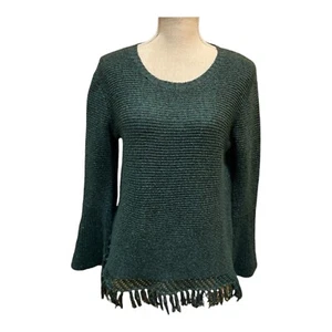 John + Jenn Womens Size XS Knit Dark Green Sweater Fringe Tassels Round Neck - Picture 1 of 15