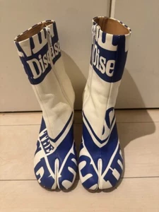 RARE! AUTH Maison Margiela Leather Tabi White/Blue Graphic Boots 36 Japan Used - Picture 1 of 7