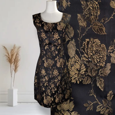 Vintage 60s Bombshell Mini Cocktail Dress Size 6 Black Gold Brocade Sheath - Image 1 of 4
