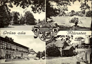 Tarjeta con varias imágenes 1962 saludo de MUNSTER en el brezal de Lüneburger, postal franqueada - Imagen 1 de 2