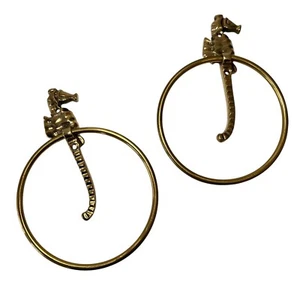 Set of 2 Solid Brass Seahorse Bath Towel Rings Holders Bathroom Beach House VTG - Picture 1 of 10