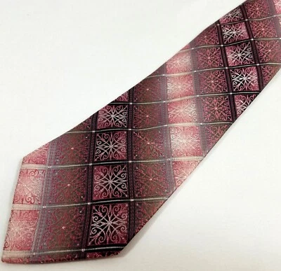 Pierre Cardin Mens Necktie Silk Pink silver gray scrollwork geometric tie - Image 1 of 4