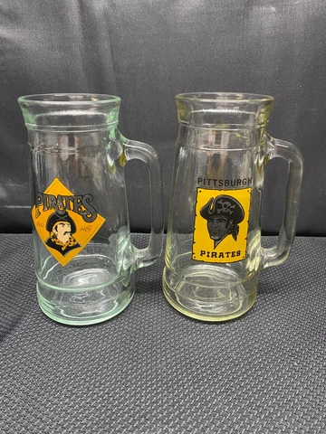 Set of 2 Designs ~  Pittsburgh Pirates Glass Beer Mugs  ~ 7" Tall Cover