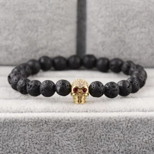 Fashion Skull Bracelet Healing Black Lava Stone Beaded Bracelet Viking Jewelry - Picture 1 of 17