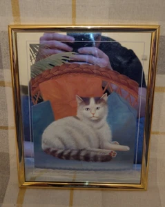 Faulenzende Katze Gemälde Druck auf Spiegel Hintergrund mit Rahmen - Bild 1 von 4