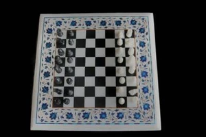 18" White Marble Chess Table Top Inlay Work With Chess Pieces - Picture 1 of 2