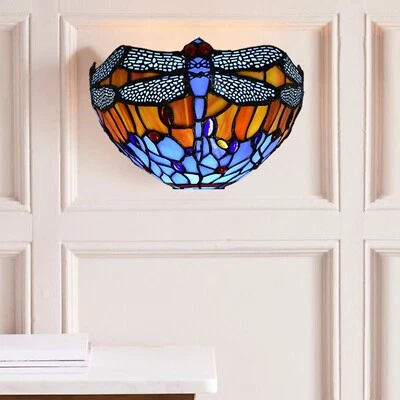 Tiffany Dragonfly Style Wall Light Handcrafted Stained Glass Uplighter Lamp - Image 1 of 4