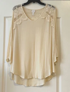 Chico's Crochet Lace Sz 2 L 3/4 Sleeve Tunic Top - Picture 1 of 8