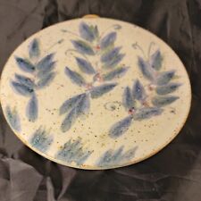 Hand-made Painted Round Pottery Trivet Glazed Blue Green Leaves Stamped w/ a Paw