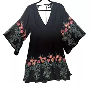ASOS Woomens Mini Floral Skater Dress Size 8 Black Boho Embroidered Chic Summer - Picture 1 of 14