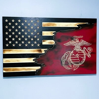 Handmade Wooden Flag USA USMC Marine Corps 14x24 Engraved Marines EGA Semper Fi - Image 1 of 4