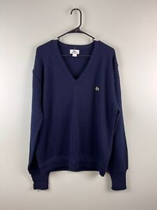 Vintage Lacoste Sweater Size Large V Neck Long Sleeve Mens Navy Blue USA MADE