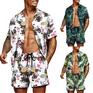 2-teiliges Herren Hawaii Set Kurzarm Blumendruck Knopf Hemd Strand Shorts Anzüge - Bild 1 von 15