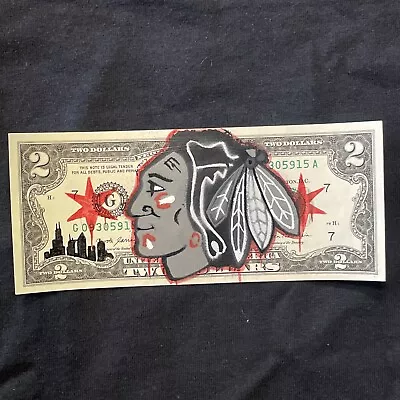 Billete de 2 dólares Chicago Blackhawks pintura original arte graffiti arte callejero Foto 1 de 4
